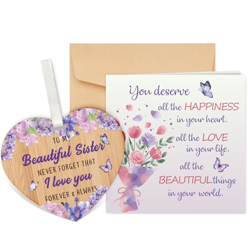 Welsky Sister Birthday Card with Envelope, Birthday Cards for Sister Greeting Cards with Wooden Heart Plaque, Christmas Wedding Mothers Day Graduation Gifts for Sisters from Sisters