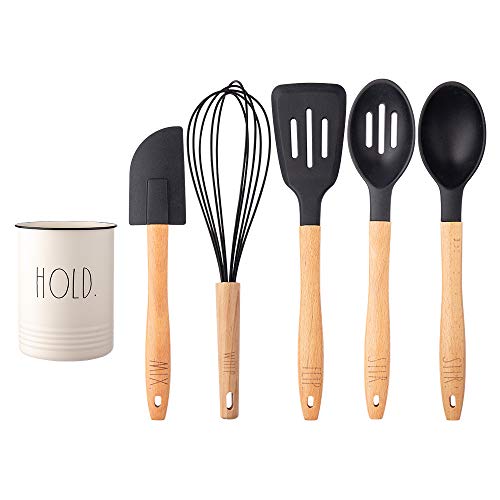 Rae Dunn Everyday Collection 5 Piece Silicone Kitchen Utensil Set with Canister Holder -Kitchen Tools with Beechwood Handles- by Cook with Color (Black)