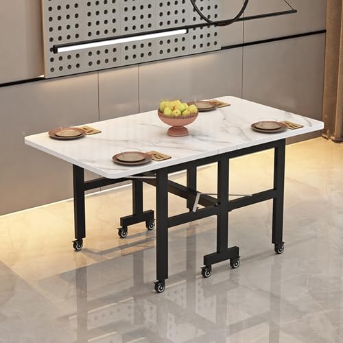 Mesa de comedor plegable extensible con ruedas, 3 modos ajustables para cocinas pequeñas y comedores, acabado blanco claro, 120 x 70 x 75 cm