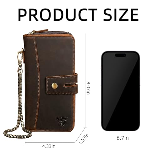 Image of Genuine Crazy Horse Leather Travel Gift Coin Pocket Card Case Long Organizer Chain Rfid Wallet Purse With Snap For Men Male 1803 1815 (1814 Brown)