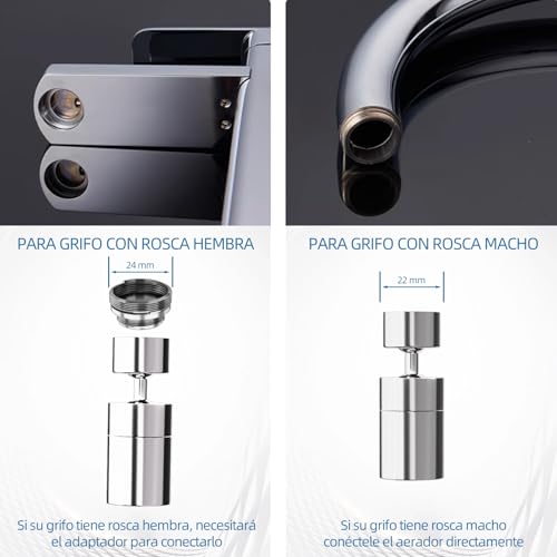 Miniatura 5 de Esufeir 360 Giratorio Aireador Grifo Cocina Fm22 M24 Con Adaptador,Extension Difusor Atomizador Fregadero,Boquilla Cabezal Filtro Extensor Grifo Lavabo,Alargador Alcachofa Dosificador Acople Ducha