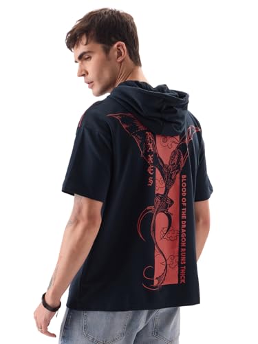 Image of The Souled Store Official House of The Dragon: Caraxes Men and Boys Navy and Red Graphic Print Short Sleeve Hooded Neck 100% Cotton Oversized Fit T-Shirts Hoodies Sweatshirts Pullovers Fleece