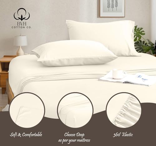 Pima Cotton King Size Sheet Set, 4Pc Bed Set, Soft & Breathable Percale Weave, Fits 10-12" Deep Pocket, Hotel-Quality 1000 Thread Count Bed Sheets (Solid, Ivory) - Thumbnail 4