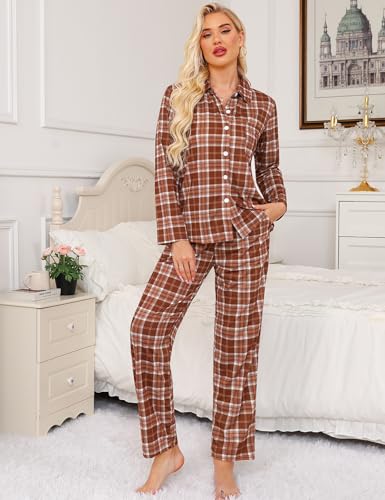 Image of SWOMOG Womens Pajamas Set Long Sleeve Sleepwear Button Down Nightwear Soft Cotton Pj Lounge Sets