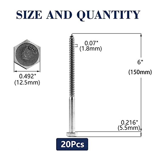 Image of 5 /16 inch x 6 inch Hex Head Lag Screws Bolts 20Pcs 304 Stainless Steel 18-8, Partial Thread, Hexagon Head Wood Screws by SG TZH