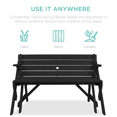 Image of Best Choice Products 2-in-1 Transforming Interchangeable Outdoor Wooden Picnic Table Garden Bench for Backyard, Porch, Patio, Deck w /Umbrella Hole - Black