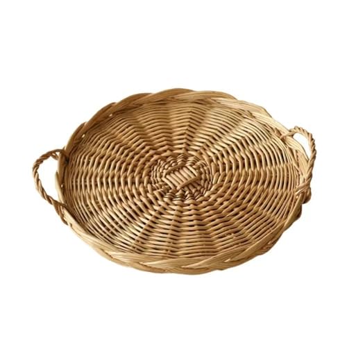HFYRBDKSPI Taca do serwowania z naturalnego rattanu z uchwytami Okrągły, ręcznie pleciony wiklinowy kosz do serwowania na domowy stół jadalny,Brown,32 * 36 * 7.5cm
