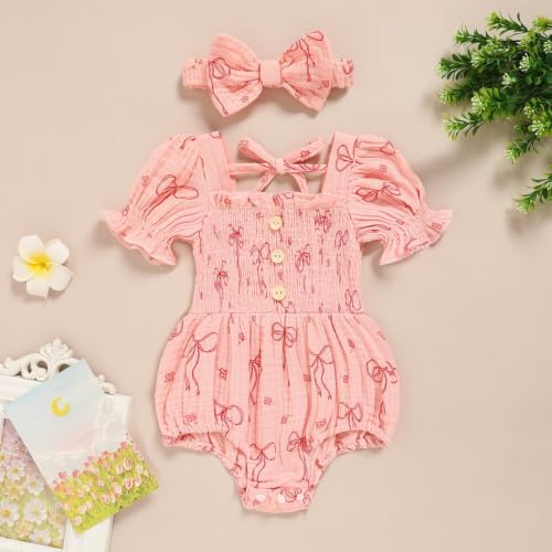 ZOELNIC Baby Girl Romper Newborn Puff Sleeve Smocked Bowknot Print Outfit with Headband for Infants Soft Cotton Photo Shoot(Bowknot Pink,Newborn) — view 5