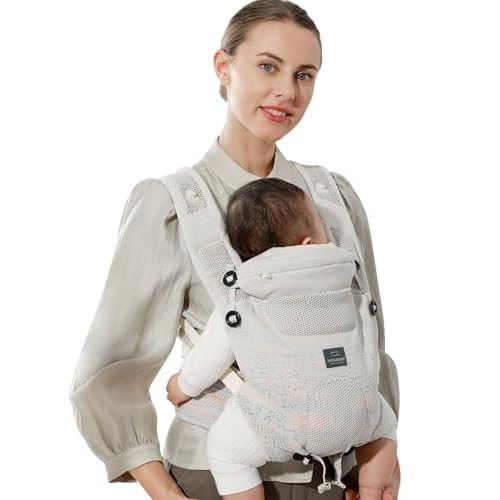 Bebamour Knit Baby Carrier Newborn to Toddler -Lightweight Baby Wrap Carrier 3-in-1 Baby Carrier Front and Back Carry (Cream,7-32 lbs)