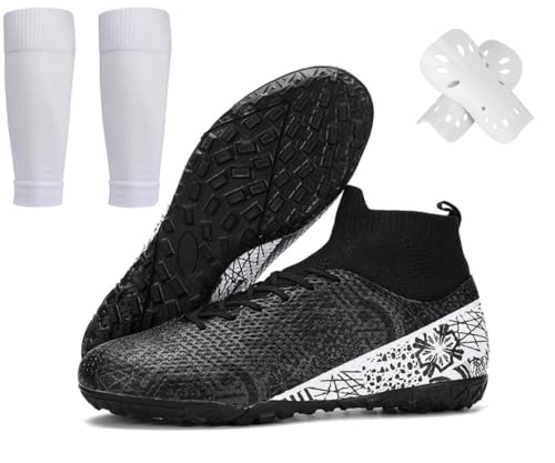 Men's Soccer Cleats High-Top Turf & AG Spikes Shoes Unisex Adult Training Athletic Sneakers for Women Youth Boys Girls with Shin Guard Sock Set(Turf Studs Black,3,Little Kids Size)