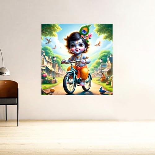 Image of Akki World Bal Kanhiya With Bicycle Wall Poster For Pooja Room, Bedroom, Kids Room, (Size - 46Cm X 46Cm)