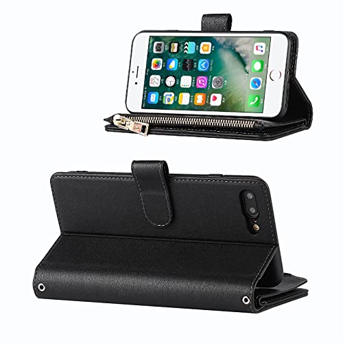 Jaorty Compatible With Iphone 7 Plus/Iphone 8 Plus Wallet Case,[9 Card Slots] Removable Adjustable Crossbody Necklace Lanyard Shoulder Strap Zipper Magnetic Leather Case For Iphone 7 Plus,5.5" Black #TOP2
