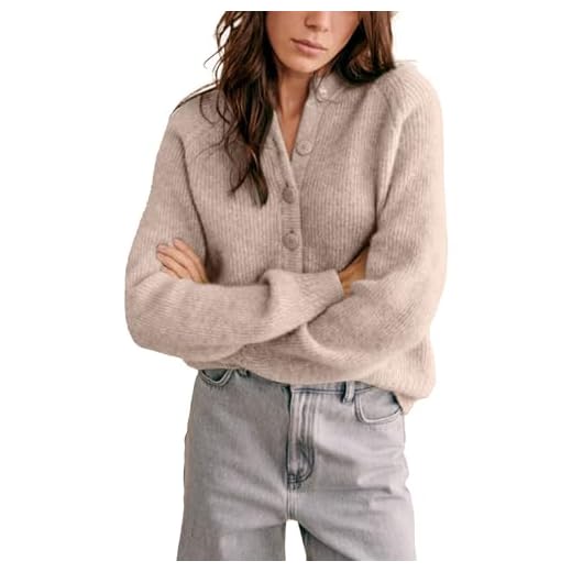 Bianstore Womens Casual Long Sleeve Crewneck Button Down Cardigan Chunky Knit Open Front Sweater Tops(LightKhaki-S)