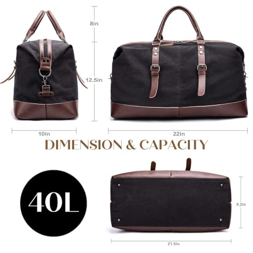 Image of CAVALO - Be Unique Vintage Canvas Travel Duffel Bag for Men & Women, 40L Large Capacity Weekender Bag with Detachable Shoulder Strap, Leather Handles, for Travel, Gym & Business Trips (Black)