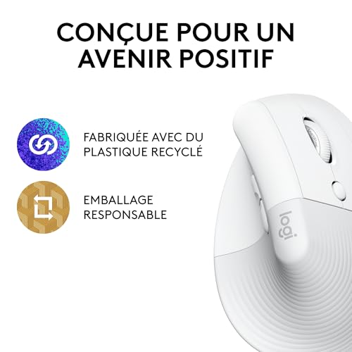 Logitech Lift Souris Ergonomique Verticale, sans Fil, Bluetooth ou récepteur USB Logi Bolt, Silencieuse, 4 Boutons, Compatible avec Windows/macOS/iPadOS, Ordinateur Portable, PC - Blanc