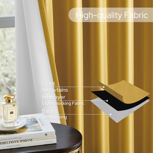 HOMEIDEAS 100% Blackout Faux Silk Curtains,Gold Noise Reduction Thermal Insulated Room Darkening Window Decor, Luxury Vintage Drapes for Bedroom Living Room Dining Nursery, 52 X 84 Inch, 2 Panels by HOMEIDEAS - Image 6