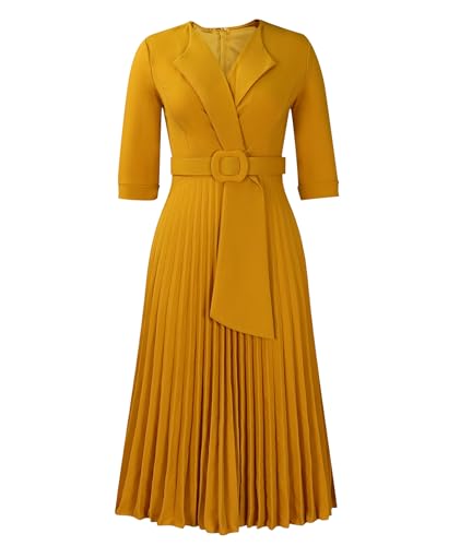 Image of SOMTHRON Women's Elegant 3 /4 Sleeve Blazer Dress V Neck Lapel Pleated Business Work Swing Midi Dress with Belt