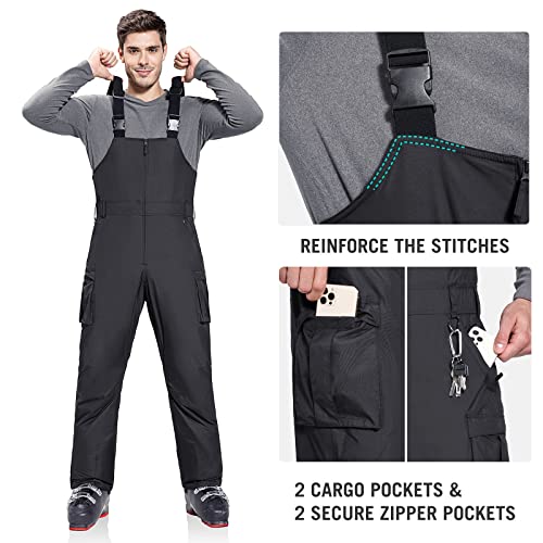Baleaf Men's Ski Bibs Insulated Waterproof Coveralls Overalls Cargo Pockets Ripstops Snow Pants Warm Skiing Suits Ice Work Black L #TOP1