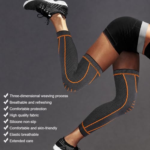 Image of 3D Fitness Compression Long Knee Brace and Nylon Anti Slip Calf Support Sleeve for men and women Knee Support Pain Relief Socks For Full Leg Knee Support (Pack of 2 Orange, L)