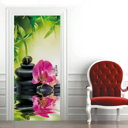 Pegatinas Puerta 3D Guijarro Pegatinas para Puertas de Patrón de Orquídeas Vinilo Decorativo Pegatina Pared Mural para Puerta Autoadhesivas Papel Pintado Puerta 100x200 cm B-4456