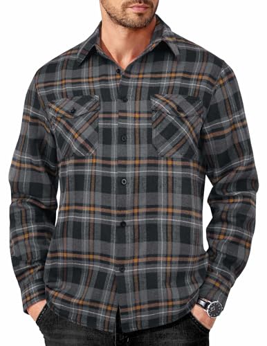 COOFANDY Men's Flannel Shirts Long Sleeve Classic Plaid Button Down Shirts for Men Fall Fashion Black-Grey