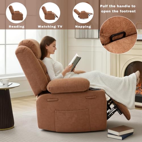 Image of Swivel Rocker Recliner Chair, Manual Recliner Single Sofa with Cup Holders and Side Pocket, Chenille Fabric, Upholstered Nursery Rocking Chair for Living Room, Bedroom, Brown