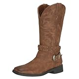 Picture of SheSole Womens Boots Cowboy Boots Women Square Toe Western Cowgirl Boots Wide Mid Calf with Buckles Pull On Dress Ladies Fashion Country Botte Cowboy Femme