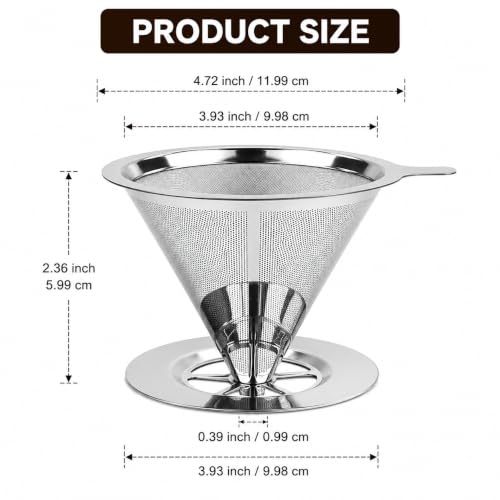 Image of Stainless Steel Pour Over Coffee Filter | Reusable Paperless Fine Mesh Coffee Dripper with Wide Rim & Handle | 4 Inch Stable Base | Manual Coffee Maker for Home, Office & Travel