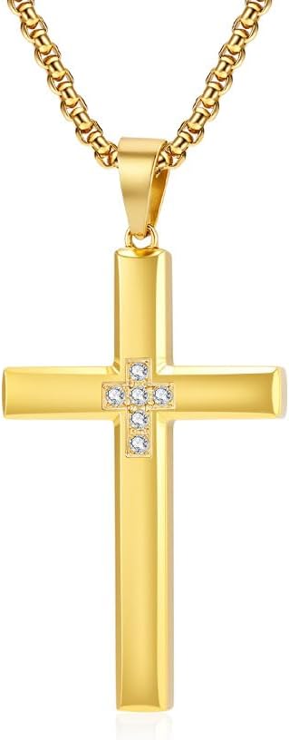 Men Cross Necklace,Stainless Steel Silver/Gold/Black Cubic Zirconia Pendant Necklace Jewelry，60cm Rolo Chain