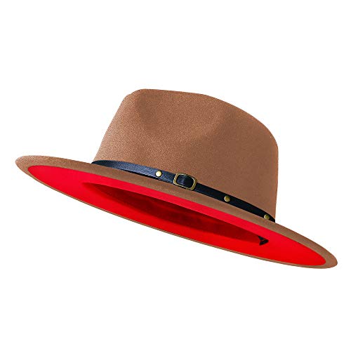 KUJUHA Wide Brim Fedora Two Tone Dress Hat, Khaki & Red, Large-X-Large