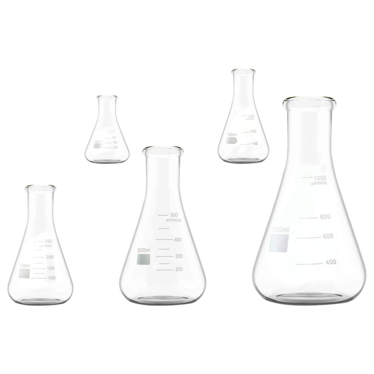 Beuta Collo Largo in Vetro Borosilicato, Fondo Piatto | Bicchiere Beuta in Vetro Scientifica, 5 Pezzi, Graduazioni Standard e Area di Marcatura Ampia