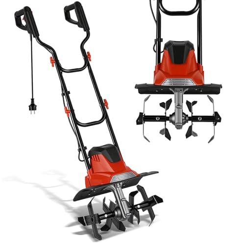 Jaxguom 1050W Motoculteur à Essence, Largeur de Travail 360 mm, Profondeur de Travail 220 mm, sans Roues, Griffe de Jardin à 16 Lames, Rouleau à Gazon Rouge et Noir, pour Potager, Jardin.