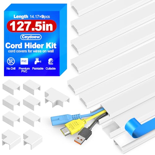 Ceydoew 127.5in Cord Hider Kit, Paintable Cord Covers for Wires on Wall, Premium Wire Covers for Cords on Wall, Self-Adhesive Wire Hider, White Cord Hider Wall, W0.94in×H0.55in