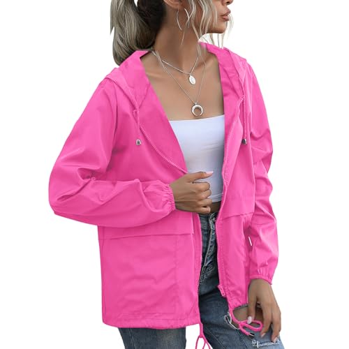 PESION Women's Waterproof Raincoat Lightweight Rain Jacket Hooded Windbreaker with Pocket for Outdoor Small Pink With Lining