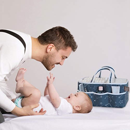 Galaxy Storage Caddy-Constellation Print Body And Handles, Rocket Ship Print Lining, Solid Trim, Dark Blue, Tonal Gray And Wht, Two Handles, 12 In X 6 In X 8 In #TOP2