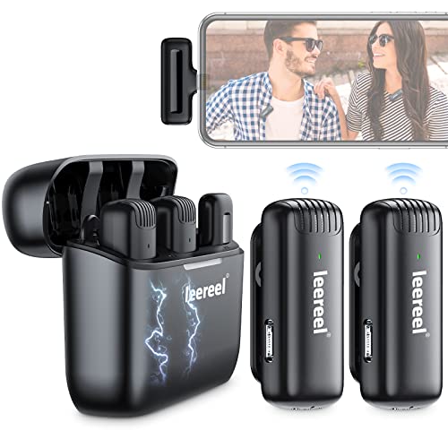 2 Pack Wireless Lavalier Microphones for iPhone iPad, Leereel Plug-Play Lapel Mic with Charging Case for Interview, Video Recording, Tiktok, Live Stream - Noise Reduction, No APP & Bluetooth Needed