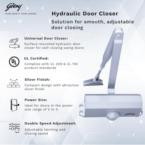 Godrej Heavy Duty Hydraulic Door Closer | UL Certified | Double Speed Adjustment (Silver Finish)