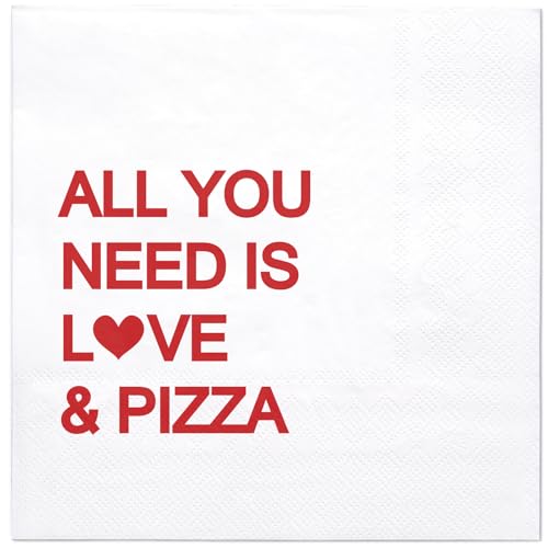 WRAPAHOLIC 50Pcs Wedding Cocktail Napkins - 3-Ply All You Need is Love and Pizza Lettering Disposable Paper Napkins for Bridal Shower, Wedding and Engagement Party - 5 x 5 In