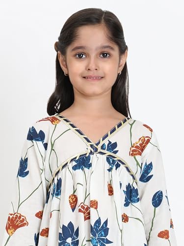 Image of Maaesa Girls' Light Pink & White Striped Cotton Alia Kurta and Afghani Pants Set | Sleeves | V-Neck with Metallic Trim | Lightweight & Breathable | Festive & Casual Wear