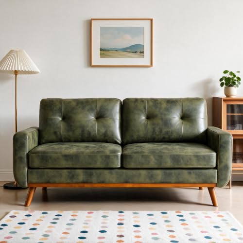 Trygoal 65" Love Seat Sofa, Mid Century Glossy Couch with Wood Legs, Green