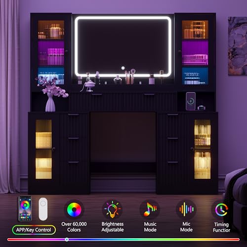 Image of Fluted Makeup Vanity Desk with Mirror and Lights, 55 inch Glass Top Vanity with 8 Drawers & 4 RGB Glass Cabinets, Adjustable Shelves & Power Outlet, Modern Dressing Table Set for Women Girls Bedroom