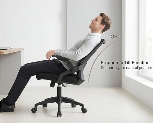 Ergonomic Mid Back Office Chair 300 LBS Capacity Mesh Small Desk Chair Swivel Comfortable Gaming Chair Adjustable 4cm Sliding Flip-Up Armrests for Long Hours Home Office Use,Black image 3