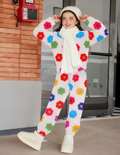 Image of Arshiner Girls 2 Piece Outfits Sweatsuit Fuzzy Long Sleeve Bear Ear Hoodie Sweatshirt and Sweatpant Kids Clothing Sets