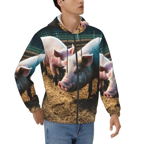 KLJnmbb Sudadera con capucha con estampado de cerdos en granja para hombre, sudadera holgada para el trabajo, ropa deportiva informal cómoda, Negro, XXL