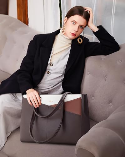 Image of LOVEVOOK Laptop Tote Bag for Women, Office Work Bag Briefcase fit for 15.6 inch Laptop, Large Capacity Teacher Computer Bag Handbag Coffee /Brown /Beige