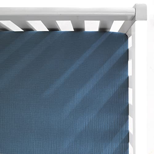 Image of GRSSDER Soft Muslin Crib Sheet 1 Pack, 100% Cotton Crib Sheets for Boys and Girls, Fit Standard Crib Mattresses 52" x 28" Safe and Snug, Navy Blue