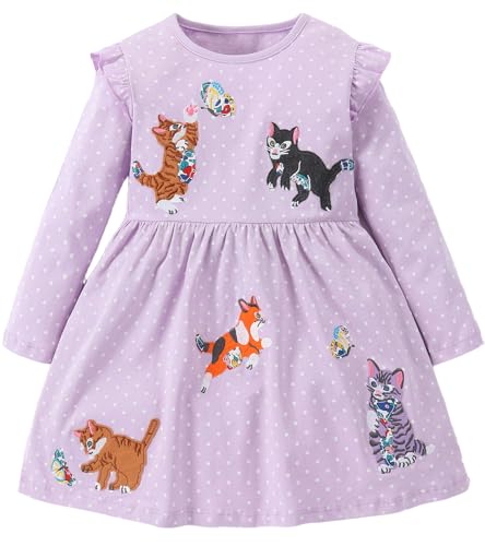 FreeLu Girls Cartoon Casual Dress Toddler Jersey Cotton Party Dresses Applique Embroidery Longsleeve T-Shirt Clothes