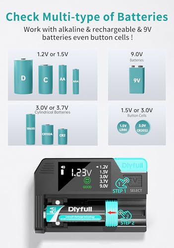 Image of Dlypow Magnetic Battery Tester for AAA AA C D 9V, Button Cell & Rechargeables