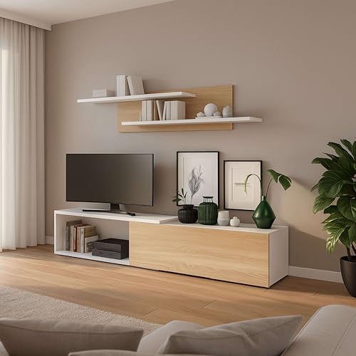 Miroytengo Mueble de salón, Comedor, Módulo TV + Estantes Kipi Módulos Extensibles de 143-220 cm Roble Cambrian y Blanco