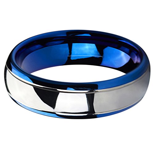 QUEENWISH 6mm Tungsten Carbide Wedding Bands Blue Silver Dome Gunmetal Promise Rings for Men 12 - Thumbnail 3